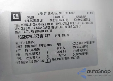 2009 Chevrolet Silverado 1500 Lt z USA, uszkodzony, nr VIN 1GCEC29J39Z181477